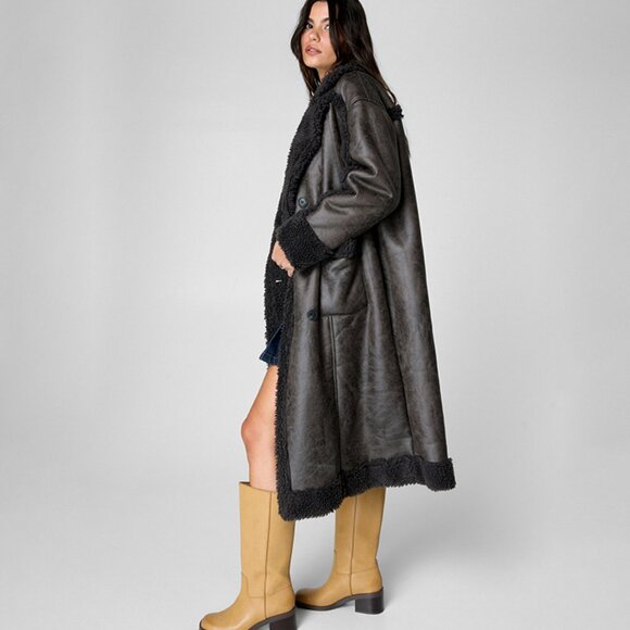 NWT | Nasty Gal | US 6, oversized | Distressed Maxi Bonded Aviator Coat Brown - Picture 3 of 14